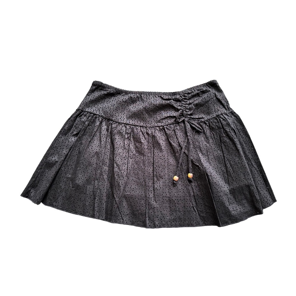 Black Eyelet Mini Skirt Boho Tiered Ruffle Drawstring Wood Bead Detail Womens